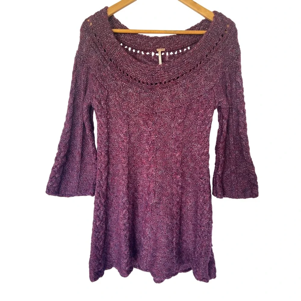 Free People Purple Cable Knit Wool Blend Boho Fairy Bell Sleeve Tunic Sweater XS